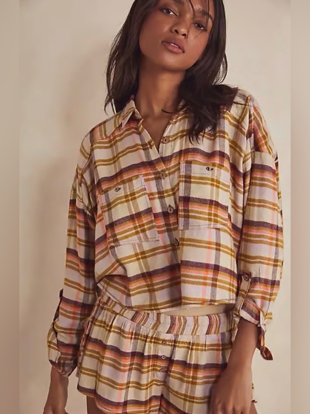 Free People Intimately Wrapped in Plaid Cropped top and shortsie Set